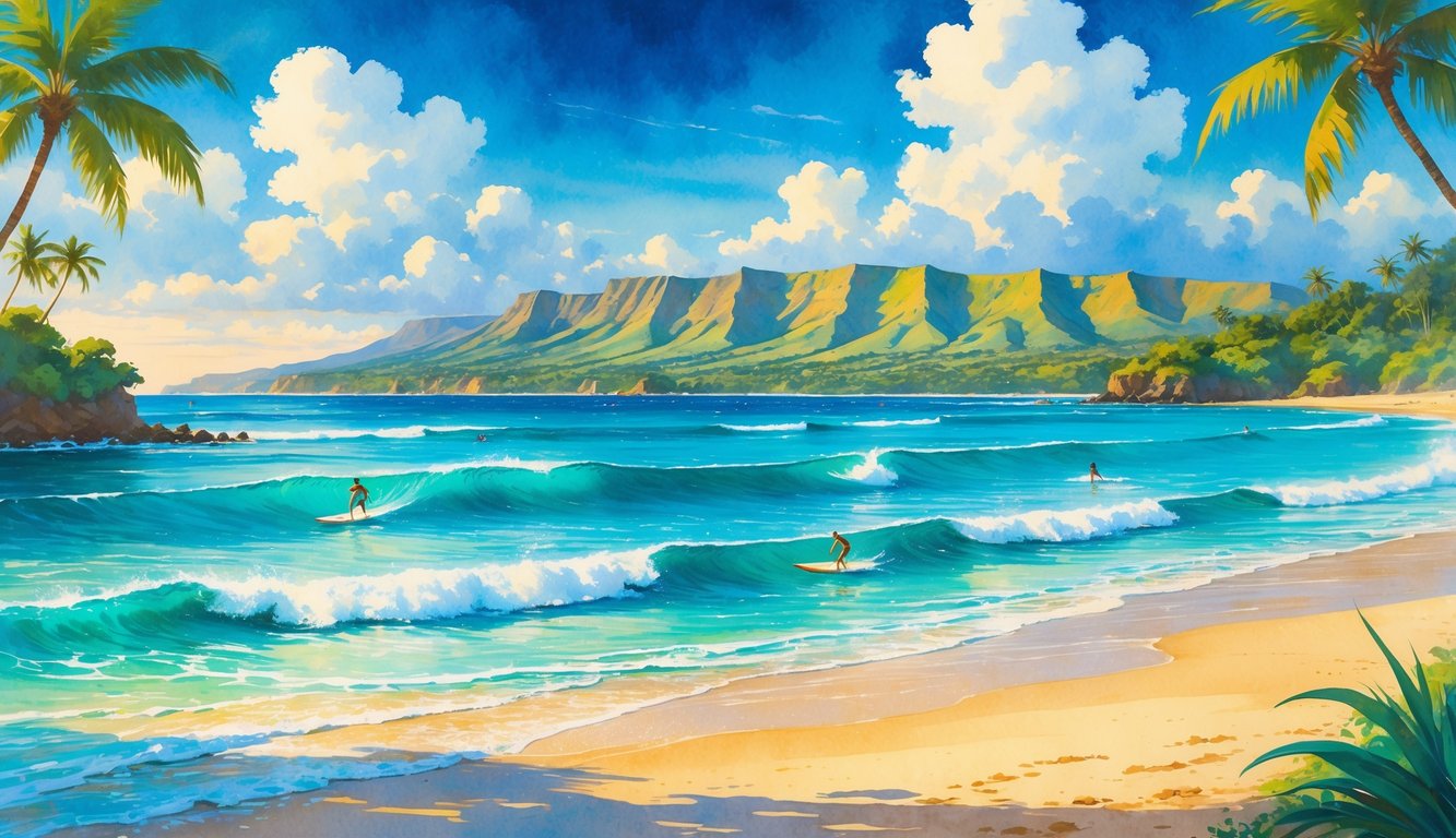 A Hawaiian beach with surfers riding waves, palm trees, mountains, and a bright sky.