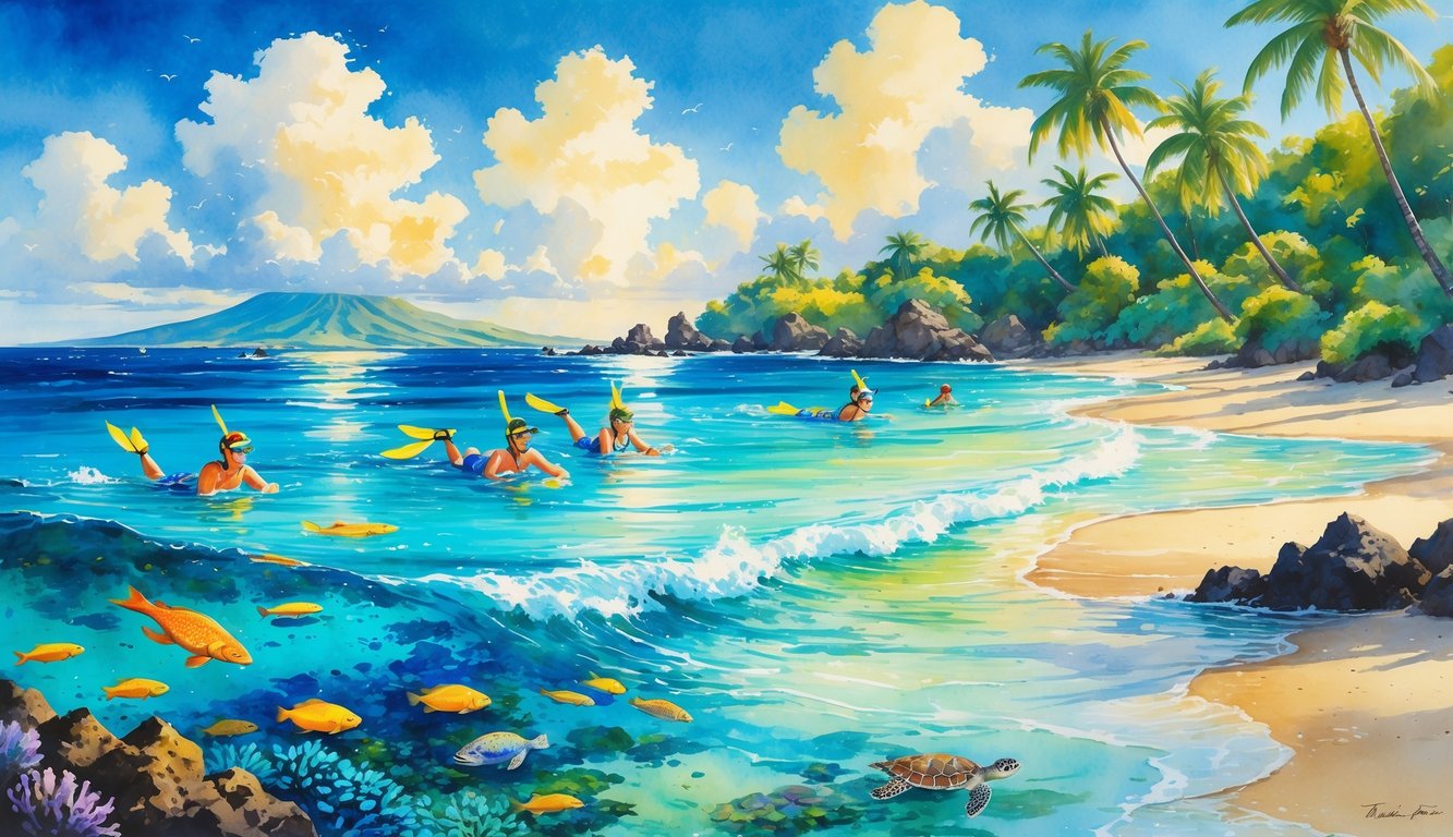 A tropical beach with clear blue water, snorkelers exploring underwater marine life, palm trees, volcanic rocks, and distant mountains under a sunny sky.