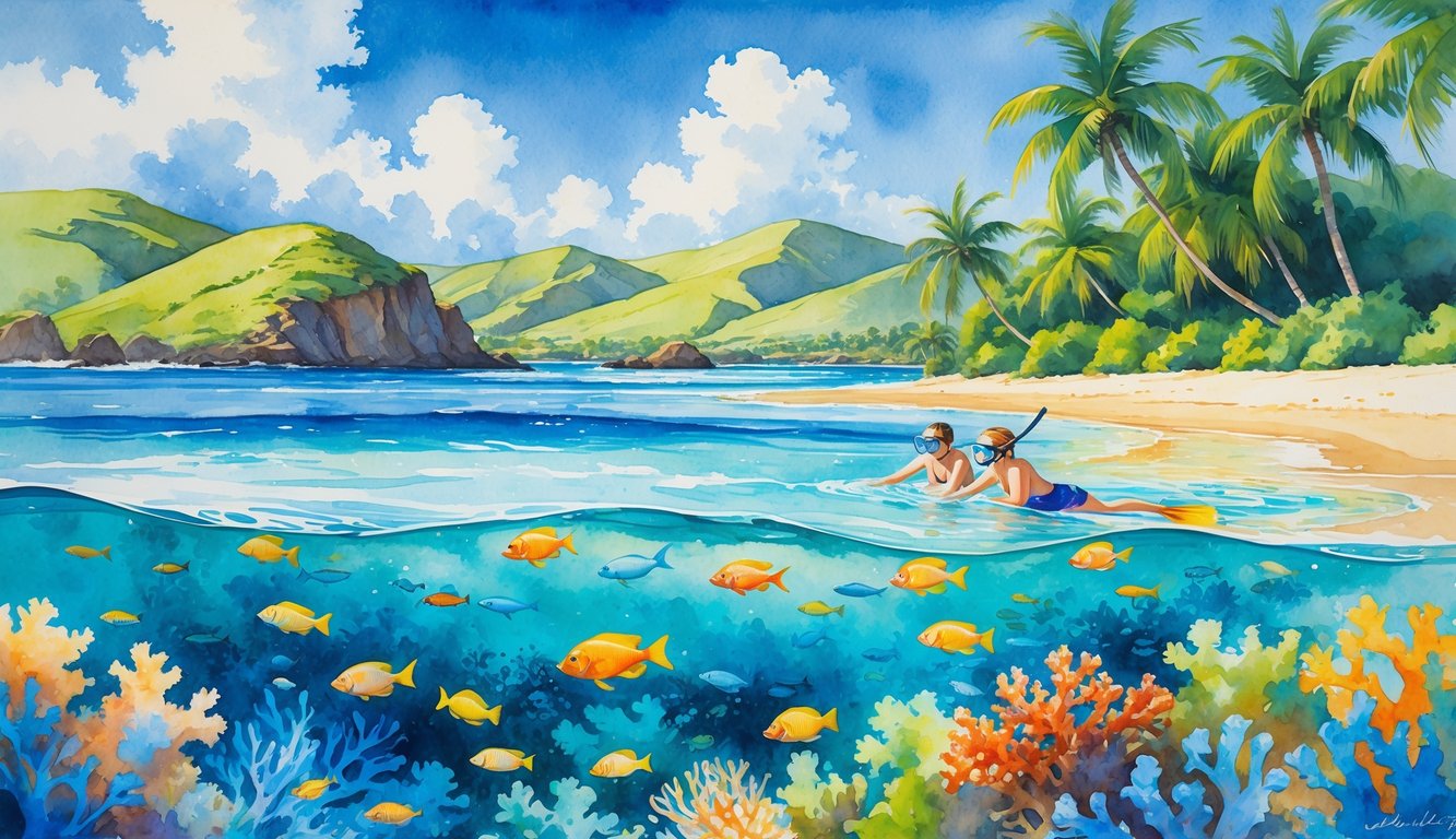 A tropical beach with clear blue water, colorful coral reefs, tropical fish, snorkelers in the water, palm trees along the sandy shore, and hills in the background under a partly cloudy sky.