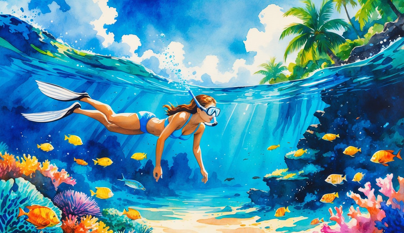 A snorkeler swimming above a colorful coral reef with tropical fish and sea turtles near a Hawaiian beach with palm trees and rocks.