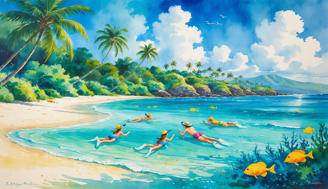 A calm Hawaiian beach with clear water, coral reefs, colorful fish, and families snorkeling near the shore surrounded by palm trees.