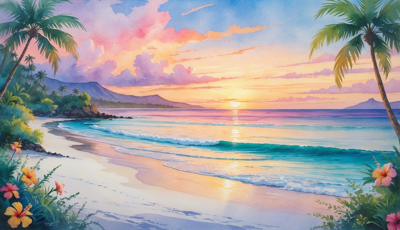 A peaceful beach at sunset with white sand, calm ocean waves, palm trees, and distant mountains.