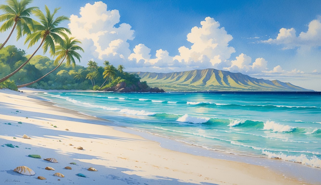 A white sand beach in Hawaii with turquoise waves, palm trees, distant mountains, and a clear blue sky.