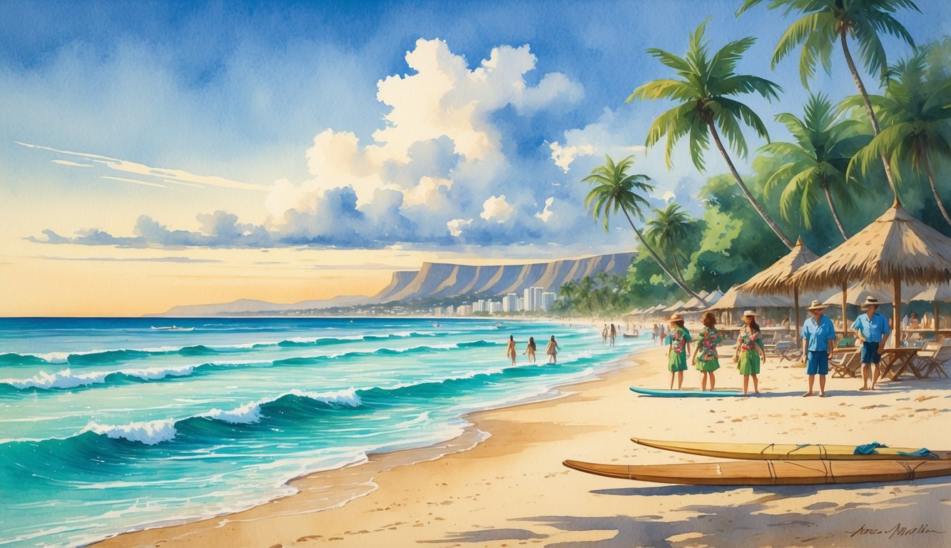 A beach scene with turquoise ocean waves, palm trees, people in vintage Hawaiian clothing, traditional canoes, surfboards on the sand, and Diamond Head crater in the background.