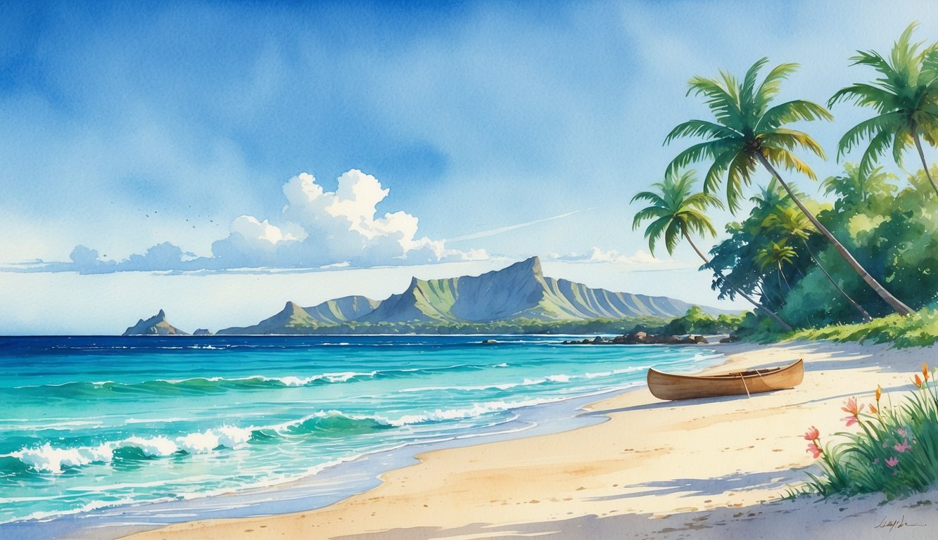 A peaceful beach scene with turquoise water, white sand, palm trees, and two small islands in the distance.