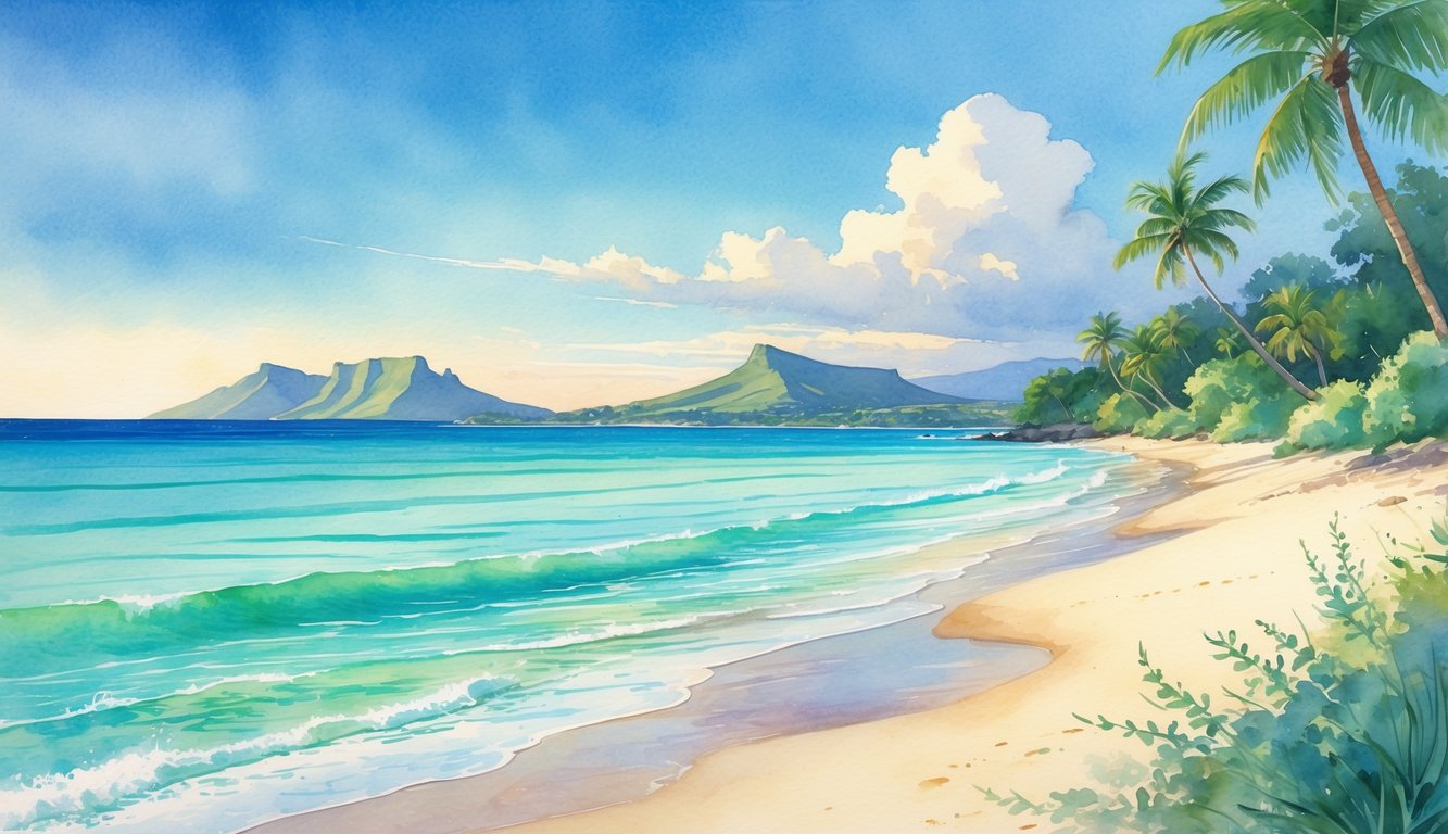 A peaceful beach scene with clear blue water, white sand, palm trees, and two small islands in the distance.