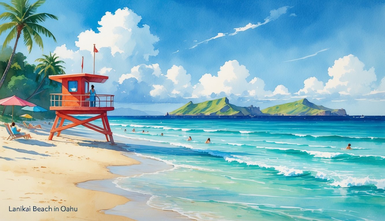 A lifeguard tower on a sandy beach with calm ocean waves, palm trees, and distant islands under a clear sky.