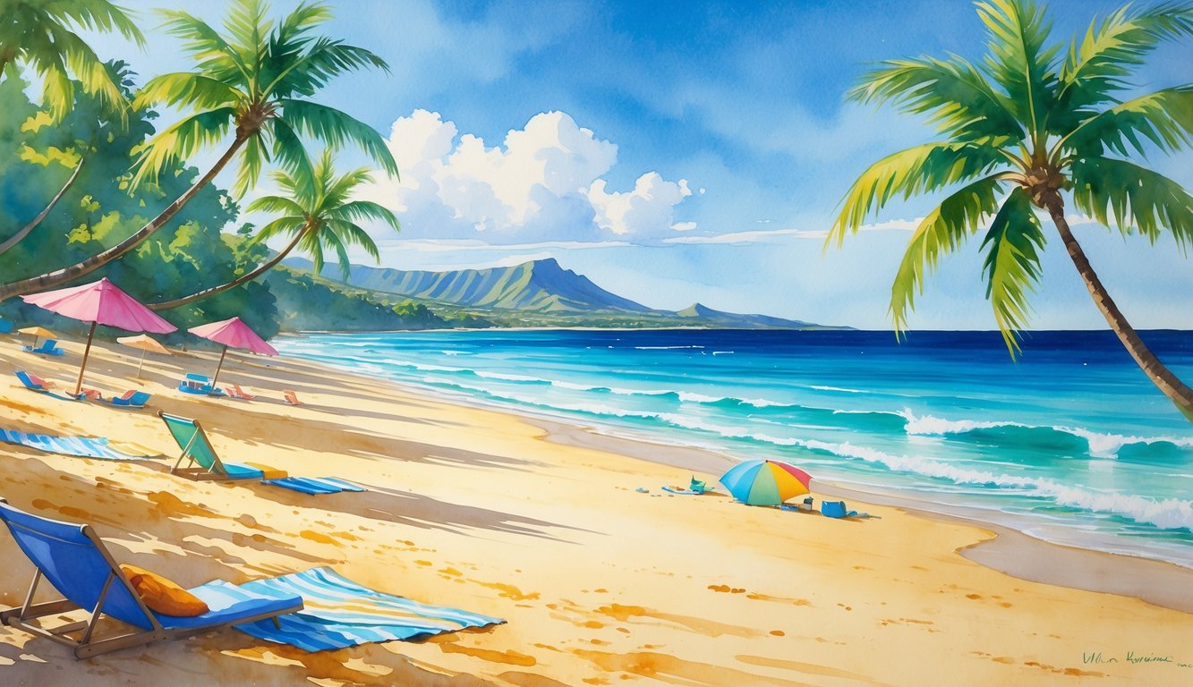 A peaceful Hawaiian beach with golden sand, turquoise water, palm trees, and people relaxing under umbrellas.