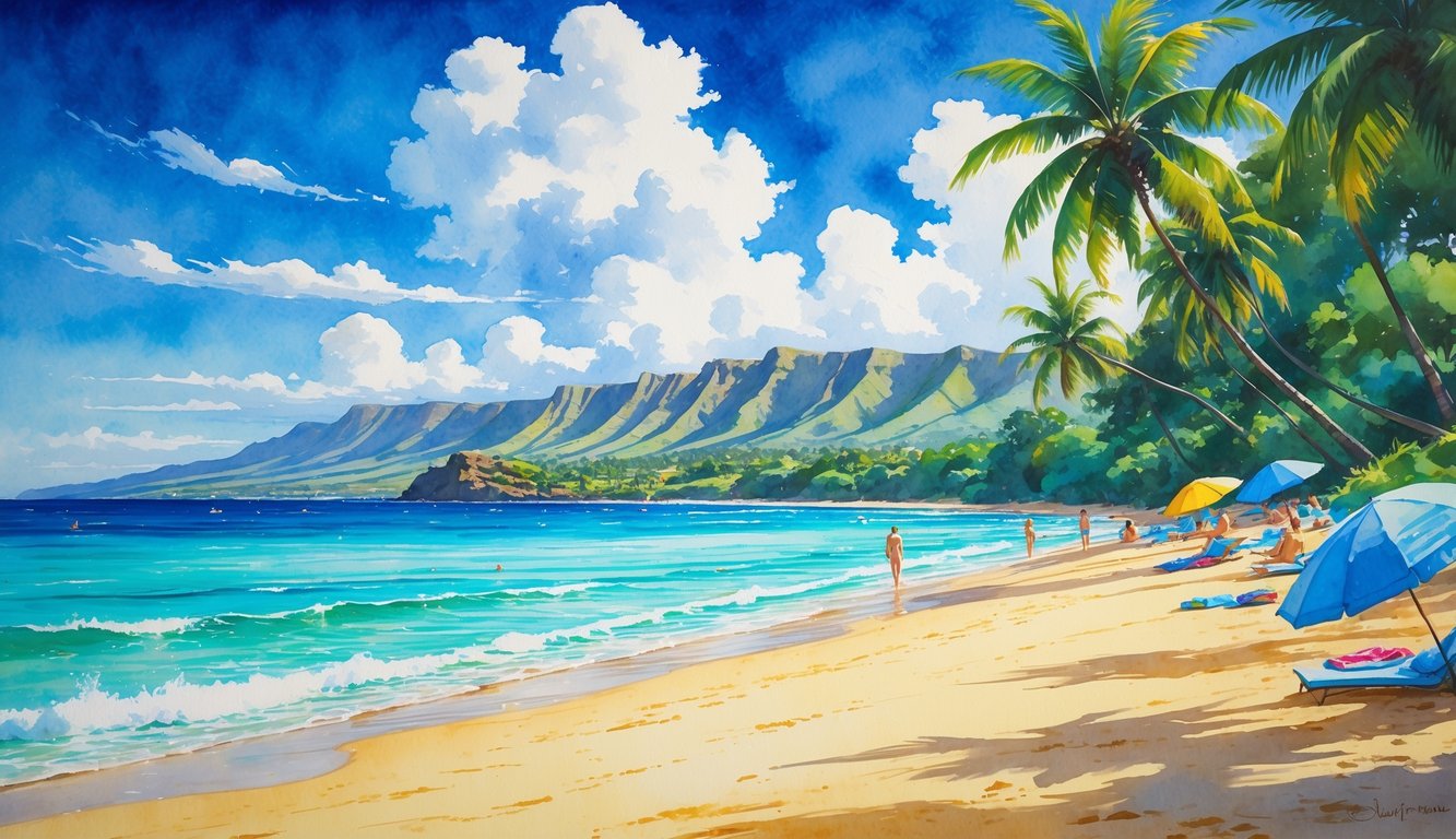 A sunny Hawaiian beach with golden sand, palm trees, calm turquoise ocean, and people relaxing on the shore.