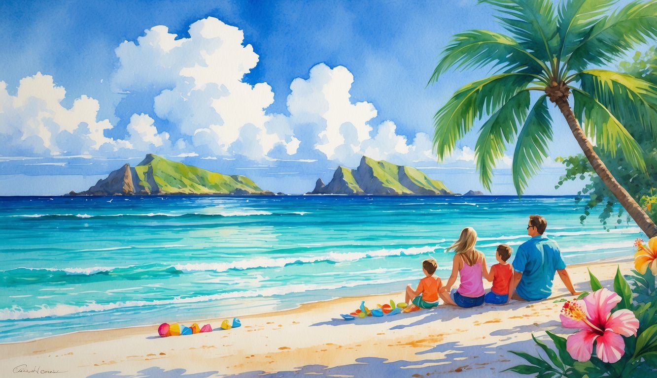 A family of four enjoying a sunny beach with turquoise water, white sand, palm trees, and two small islands in the distance.