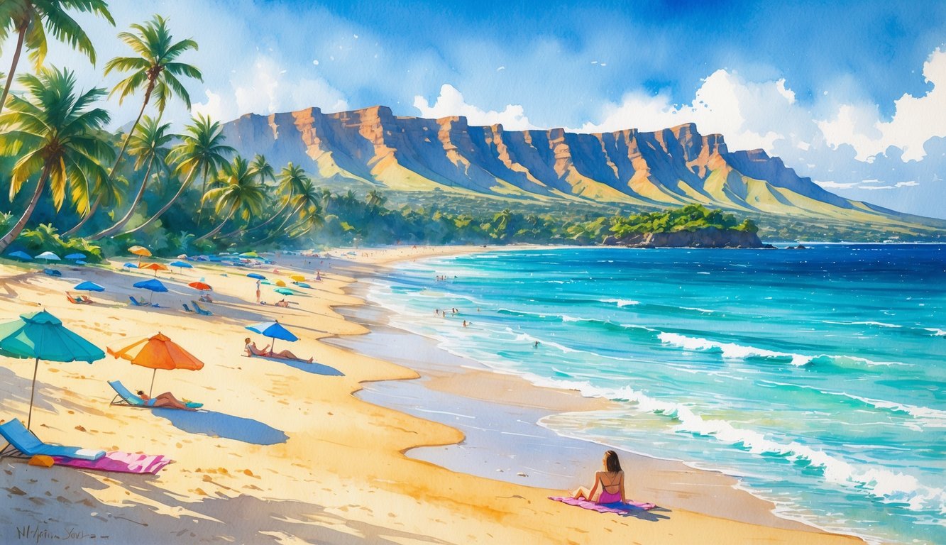 A sunny beach on Oahu with people sunbathing on the sand near palm trees and calm ocean waves.