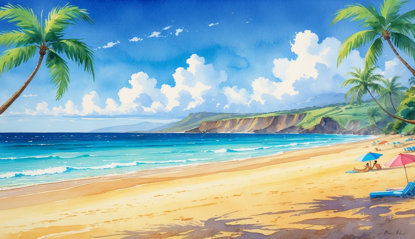 A peaceful beach with golden sand, turquoise water, palm trees, and a few people relaxing under umbrellas on a sunny day.