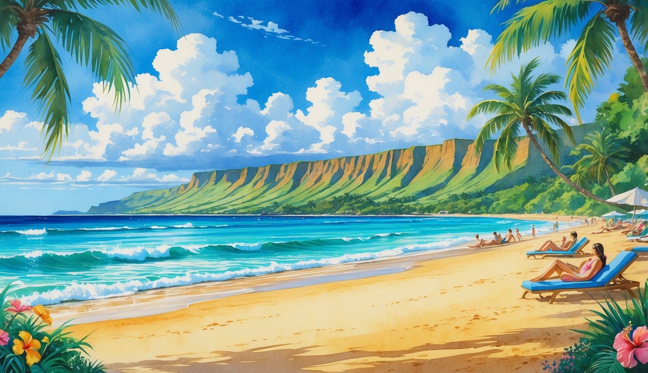 A beach on Kauai with golden sand, turquoise water, palm trees, and people sunbathing under a bright sky.