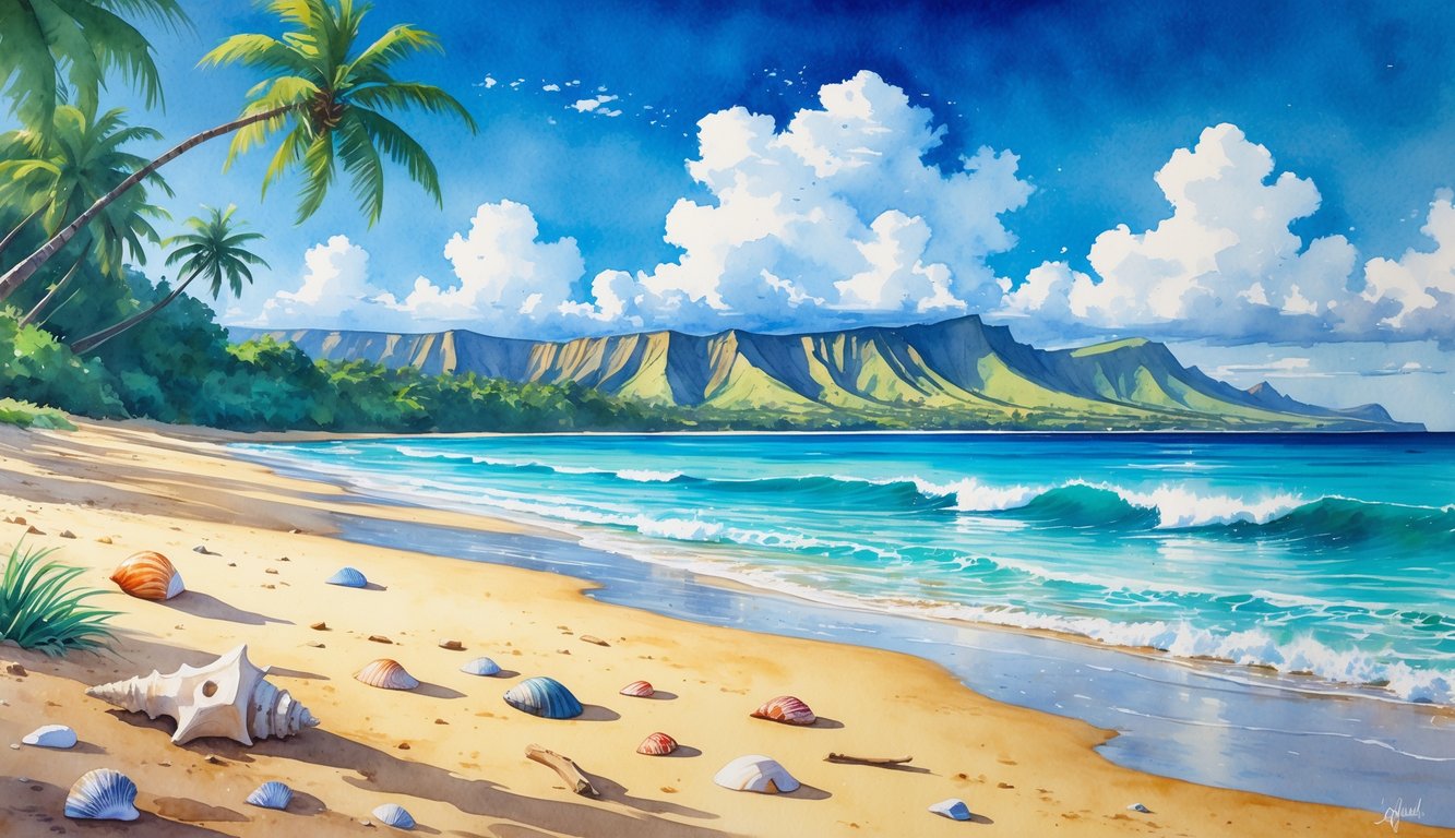 A peaceful Hawaiian beach with golden sand, seashells, driftwood, palm trees, turquoise waves, and volcanic mountains in the background.