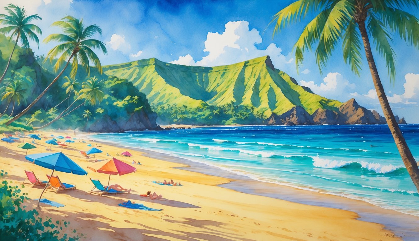 A peaceful tropical beach with golden sand, turquoise ocean, palm trees, and sunbathers relaxing under umbrellas near green volcanic hills.