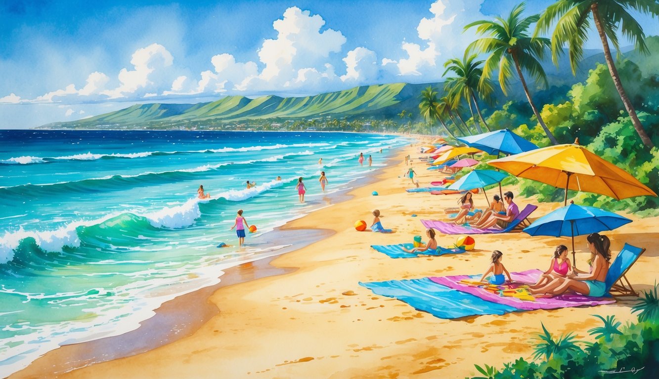 A sunny Hawaiian beach with families sunbathing on sand, children playing, palm trees, and gentle ocean waves.