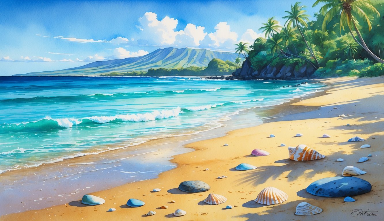 A peaceful tropical beach with golden sand, seashells, palm trees, gentle waves, and distant mountains.