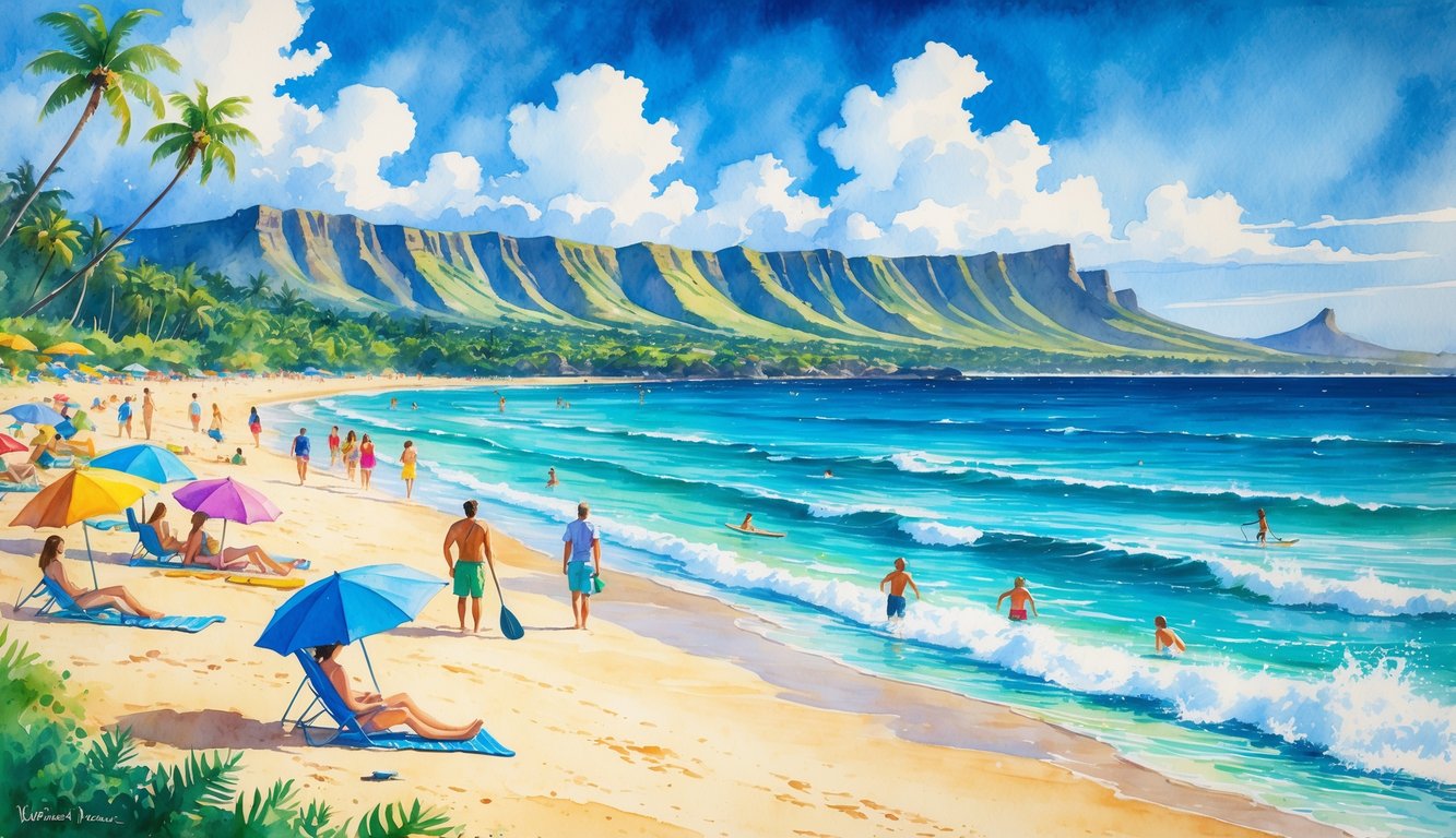 A busy Hawaiian beach with people paddleboarding, playing volleyball, snorkeling, and building sandcastles near the ocean with mountains and tropical plants in the background.