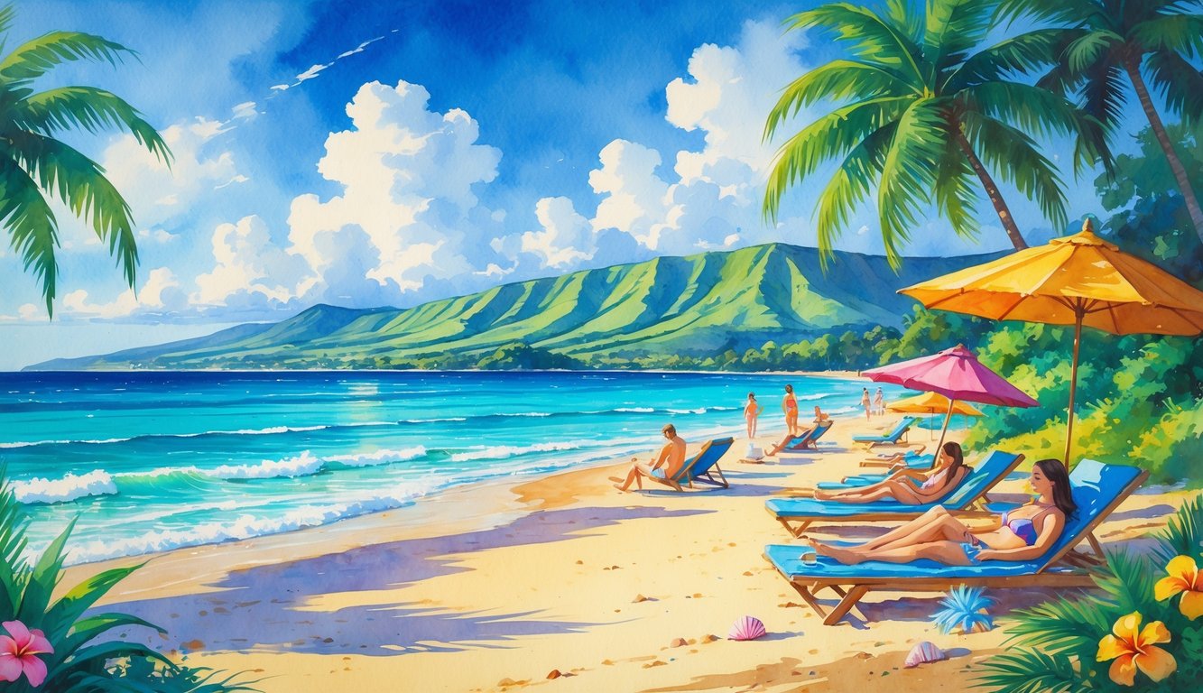 A sunny Hawaiian beach with people relaxing on towels and chairs near palm trees, calm ocean waves, and distant green hills.