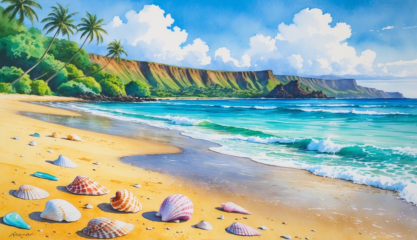 A peaceful beach on Kauai with sand, seashells, sea glass, turquoise waves, palm trees, and distant cliffs.
