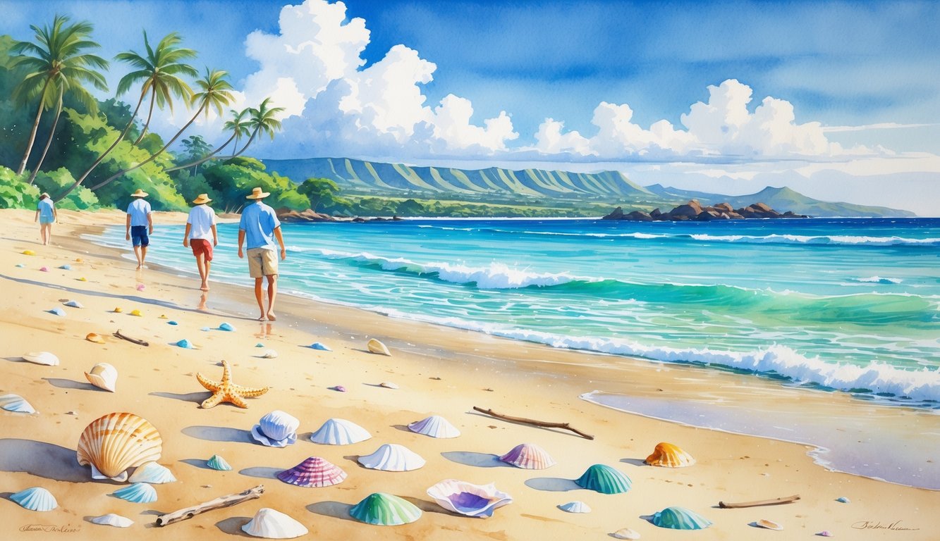 A peaceful Hawaiian beach with golden sand, seashells, palm trees, gentle waves, and people walking along the shore collecting shells.