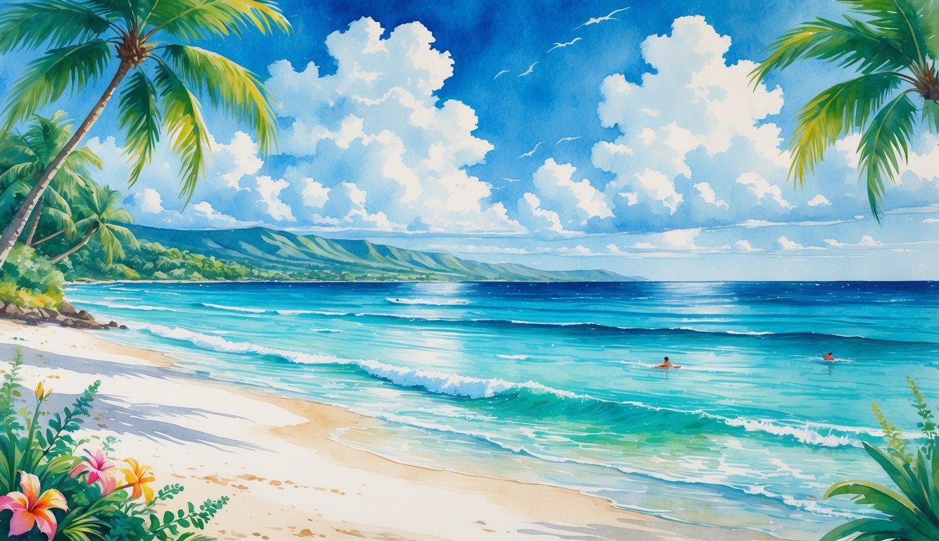A peaceful Hawaiian beach with clear blue water, white sand, palm trees, and swimmers enjoying the calm ocean.