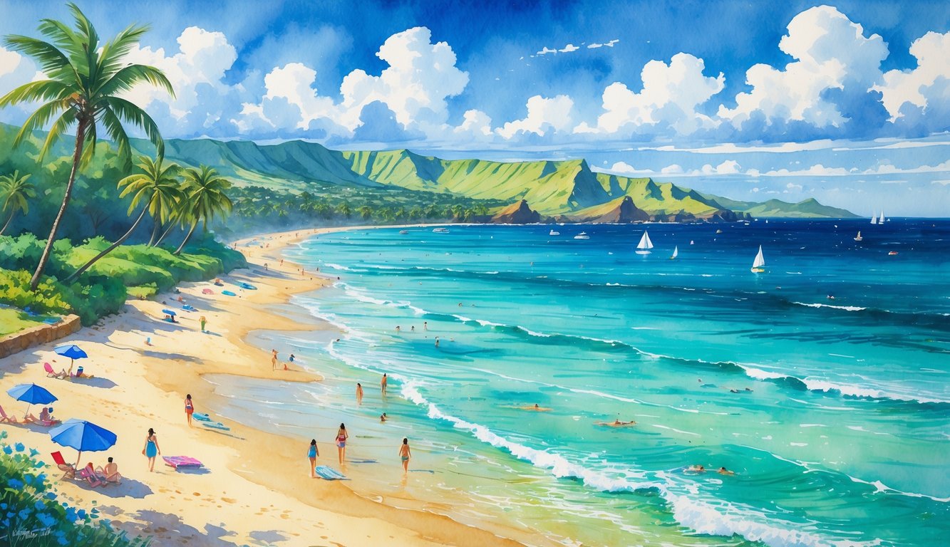 A panoramic view of a tropical beach with clear blue water, golden sand, palm trees, and people swimming and relaxing by the shore.