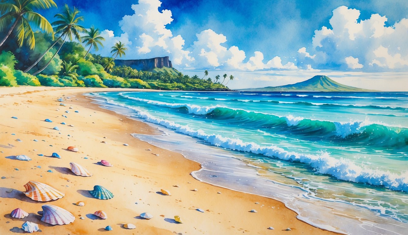 A peaceful Hawaiian beach with golden sand, seashells, clear turquoise water, palm trees, and a distant mountain.
