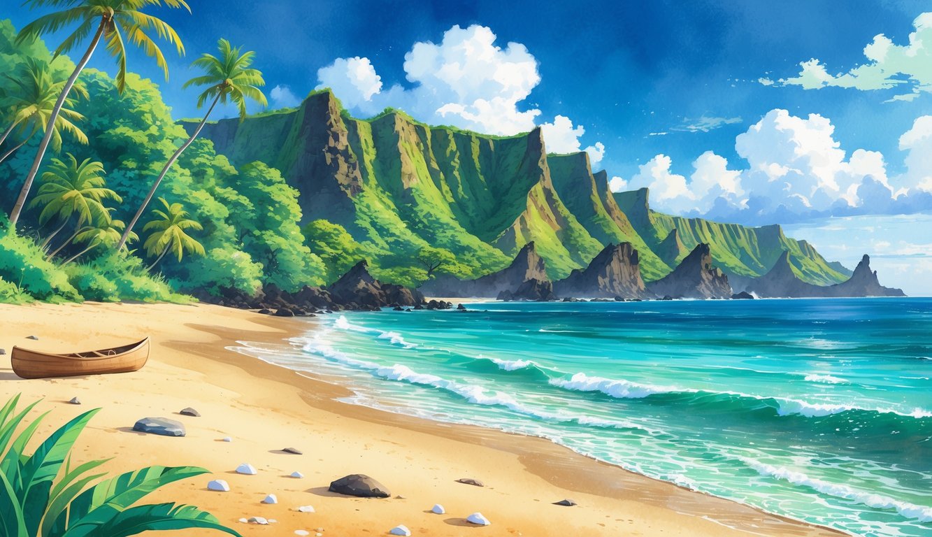A quiet Hawaiian beach with golden sand, turquoise water, palm trees, and volcanic cliffs in the background.