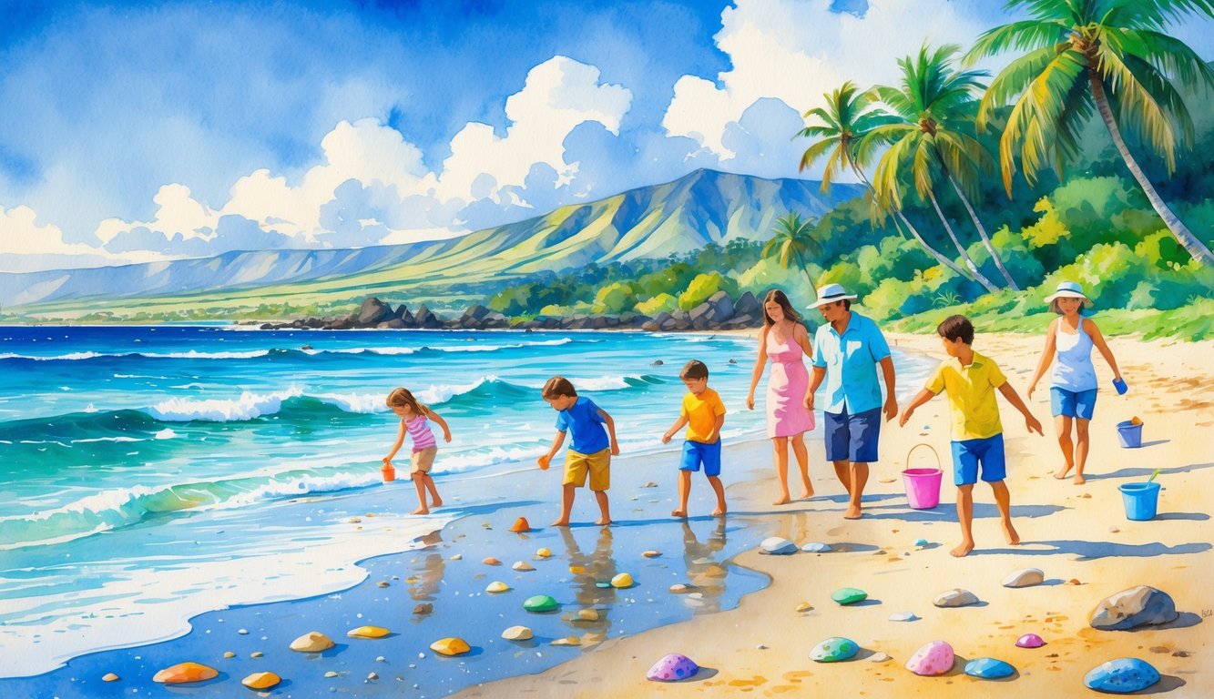 A family collecting seashells on a sunny Hawaiian beach with palm trees, gentle waves, and distant mountains.