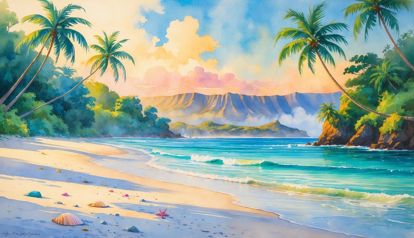 A peaceful beach with white sand, clear turquoise water, palm trees, and distant mountains under a warm sky.