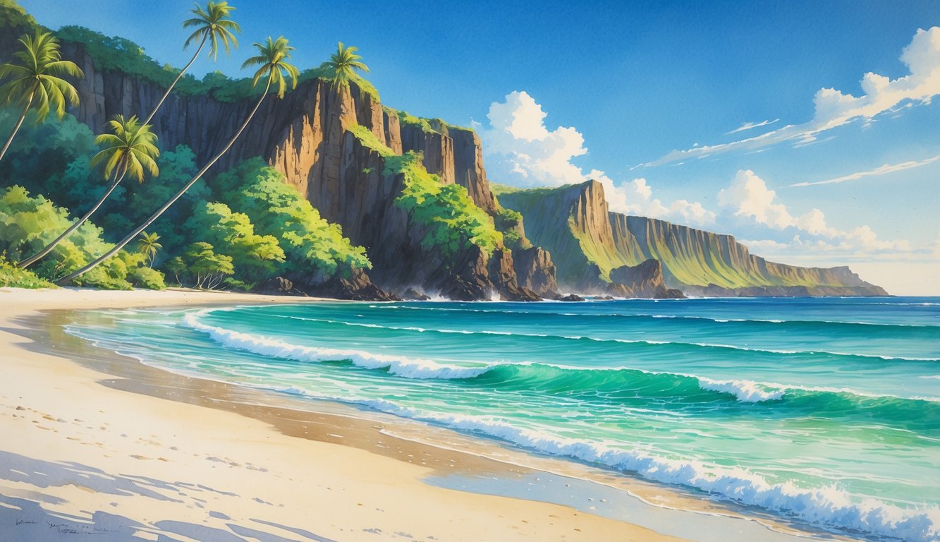 A quiet beach with turquoise water, white sand, palm trees, and volcanic cliffs under a clear blue sky.