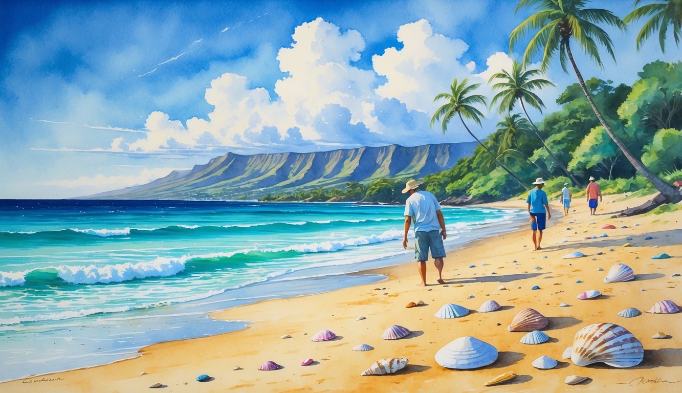 A peaceful Hawaiian beach with golden sand, seashells, palm trees, gentle waves, and people collecting shells along the shore.