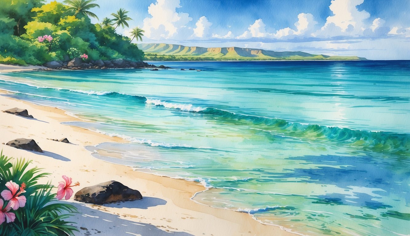A peaceful beach with clear turquoise water, white sand, tropical plants, and distant hills under a bright sky.