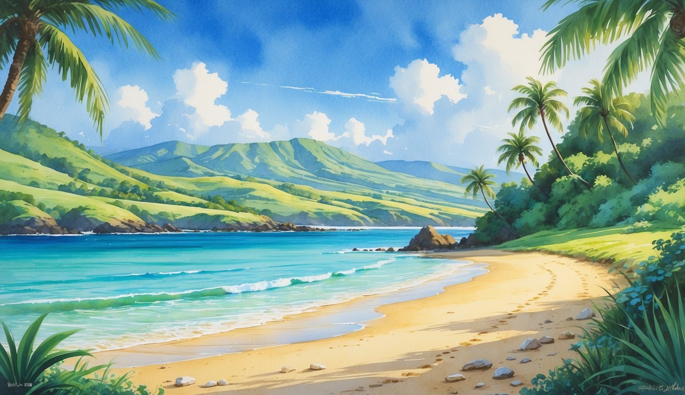 A quiet beach with golden sand, clear blue water, palm trees, and a winding trail through green plants leading to the shore.