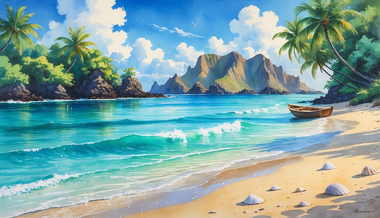 A peaceful beach with golden sand, clear turquoise water, palm trees, and rocky cliffs under a blue sky.