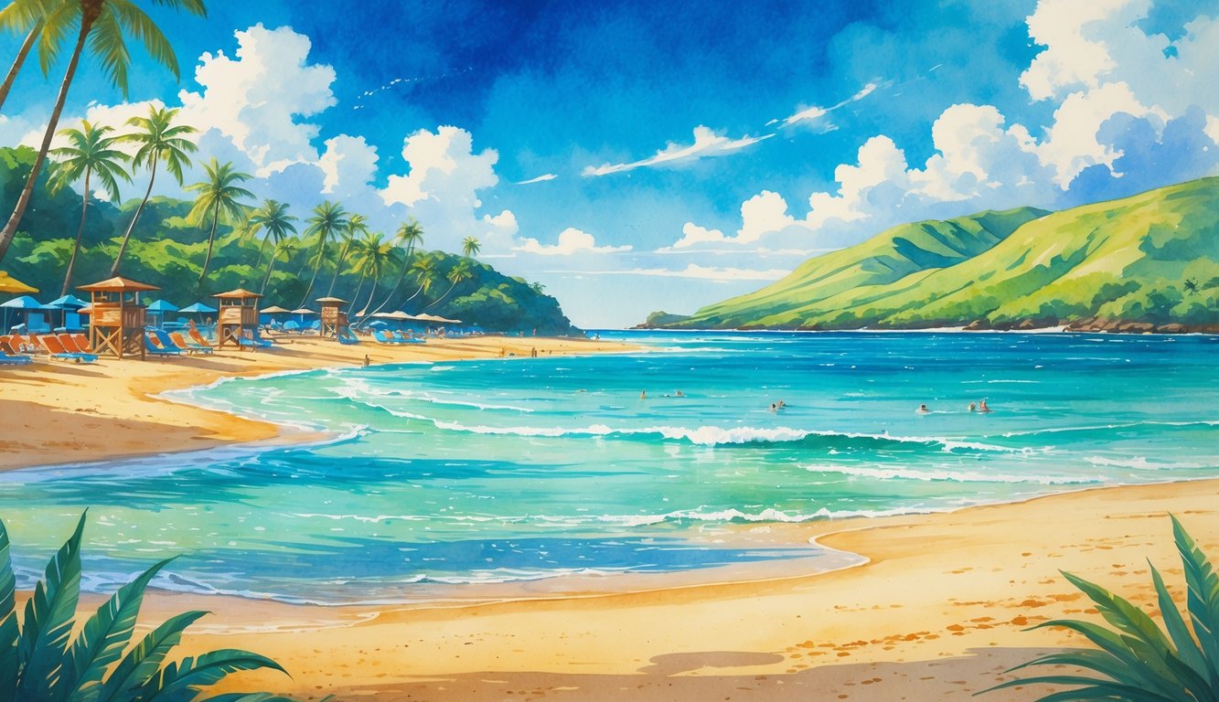 A peaceful Hawaiian beach with clear blue water, golden sand, palm trees, beach umbrellas, and people swimming and relaxing.