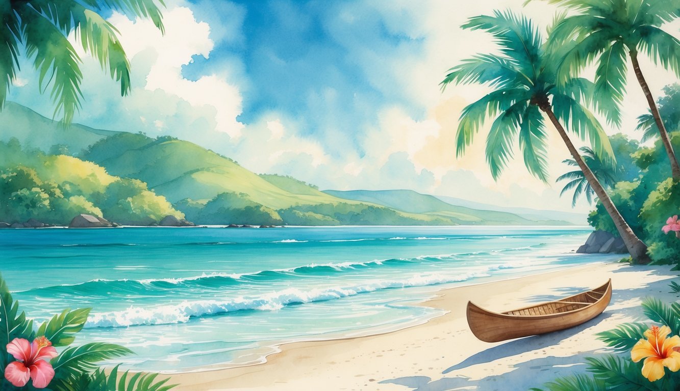 A peaceful tropical beach with clear blue water, white sand, palm trees, colorful flowers, and a hammock between two trees.