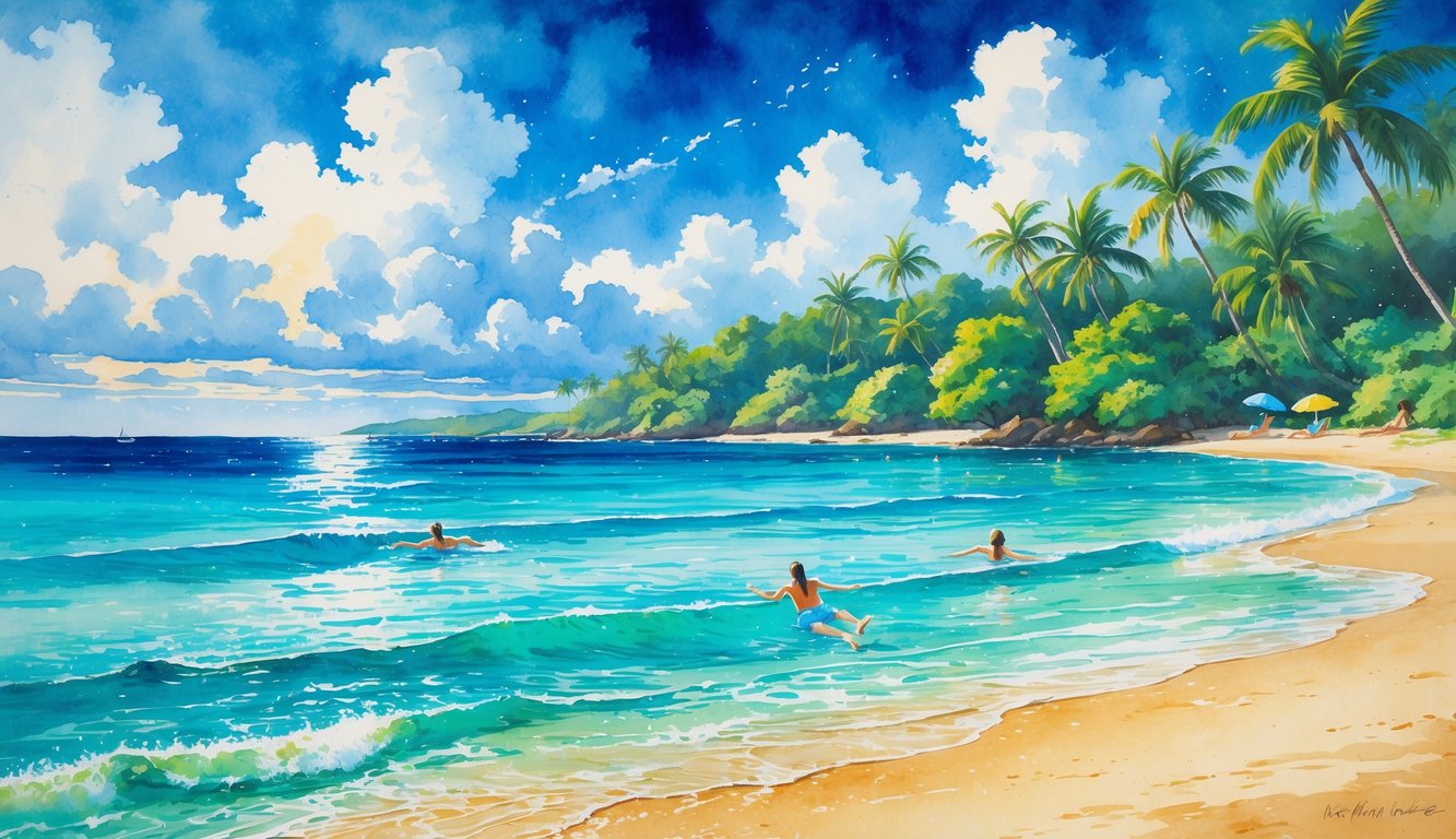 A peaceful Hawaiian beach with clear blue water, golden sand, palm trees, and people swimming in the ocean.
