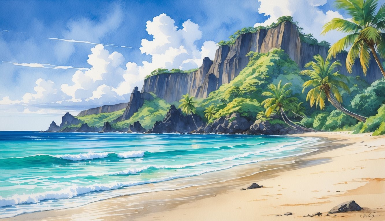 A quiet, empty Hawaiian beach with clear turquoise water, sandy shore, palm trees, and rocky volcanic cliffs in the background.