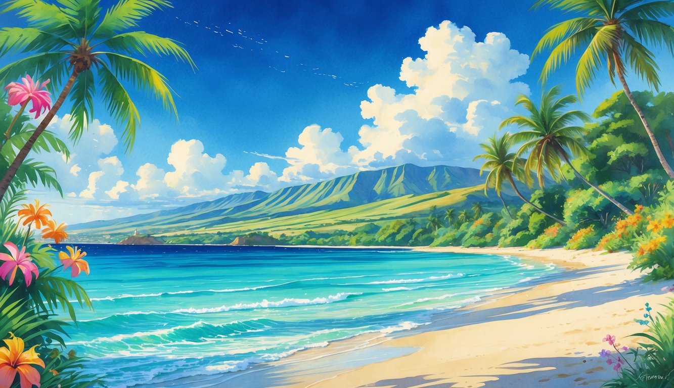 A peaceful beach with clear turquoise water, white sand, palm trees, tropical flowers, and distant hills under a blue sky.