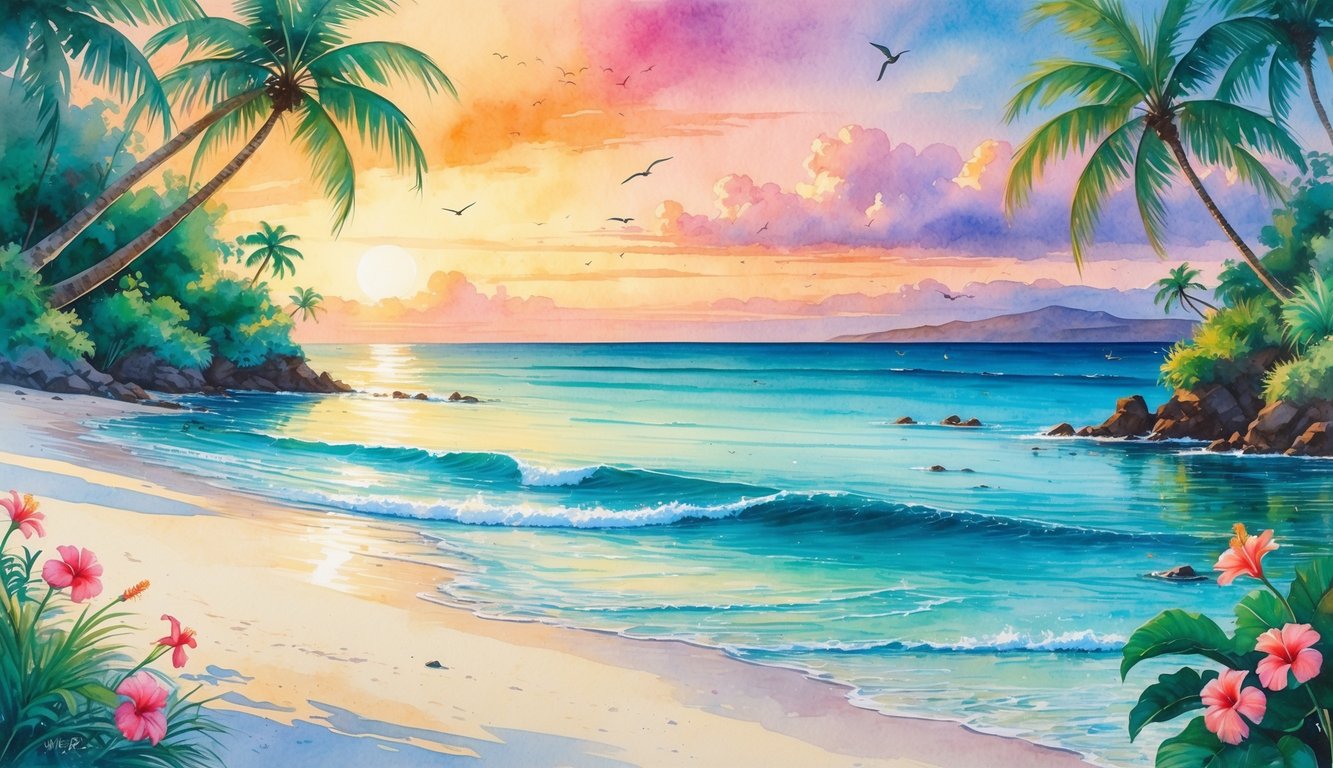 A peaceful Hawaiian beach with clear blue water, white sand, palm trees, tropical flowers, and a colorful sunrise sky.