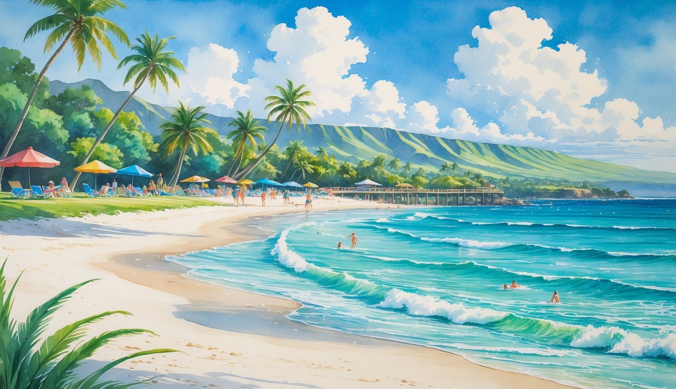 A peaceful Hawaiian beach with clear turquoise water, white sand, palm trees, visitors enjoying the shore, and small visitor facilities in the background.