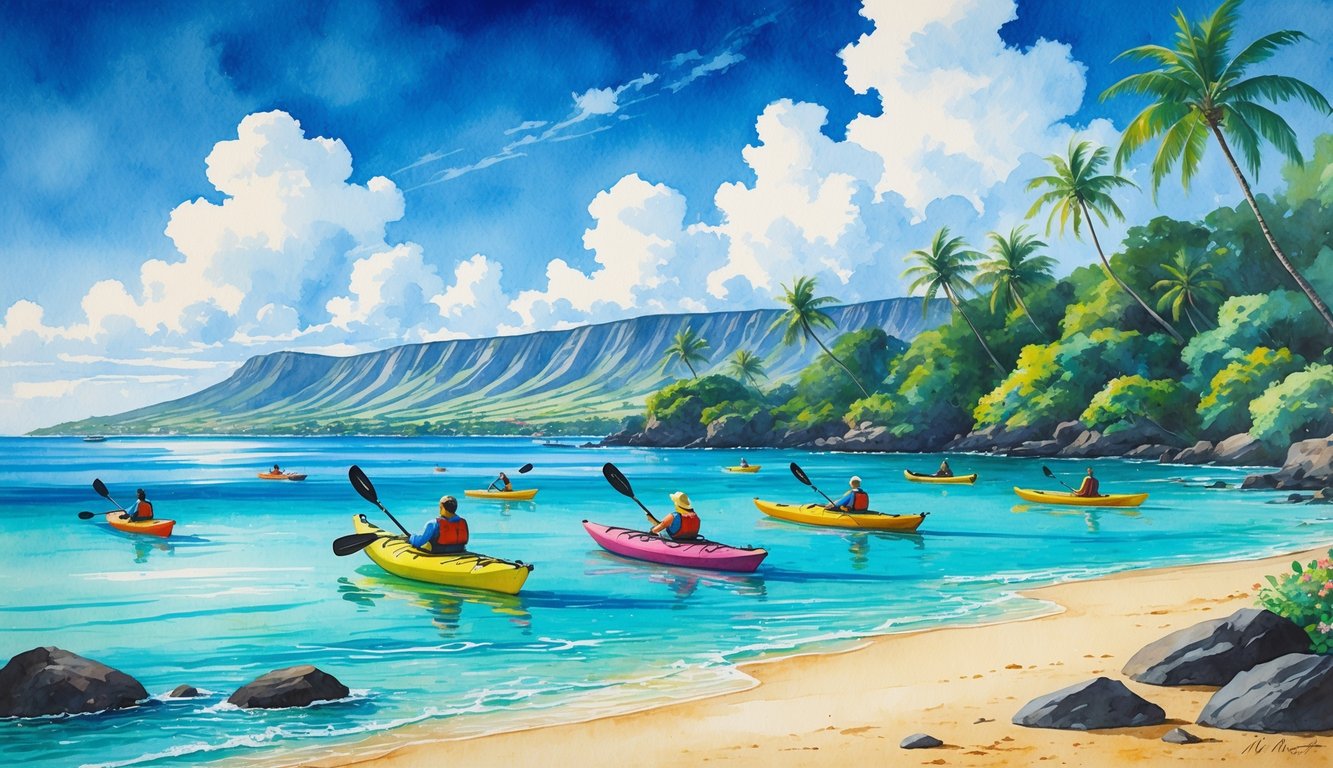 A peaceful Hawaiian beach with clear turquoise water, colorful kayaks on the ocean, palm trees, and distant volcanic mountains.