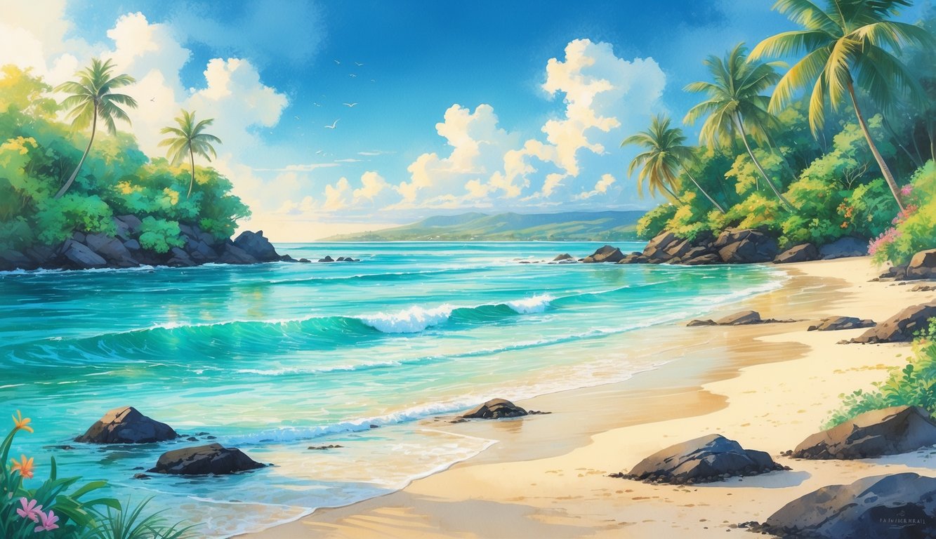 A peaceful secluded Hawaiian beach with clear turquoise water, white sand, palm trees, volcanic rocks, and a bright blue sky.