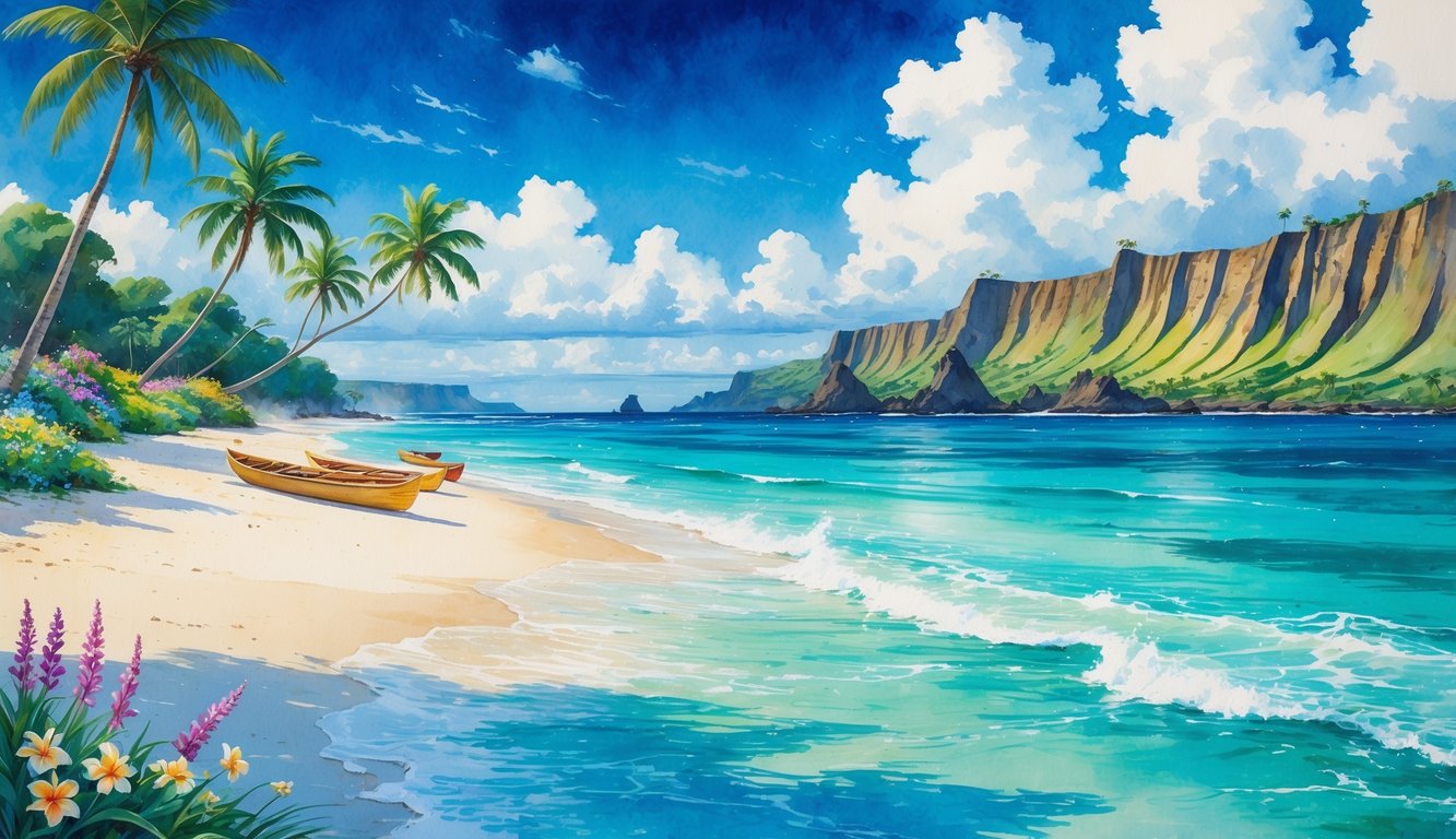A peaceful Hawaiian beach with turquoise water, white sand, palm trees, tropical flowers, and volcanic cliffs in the background.
