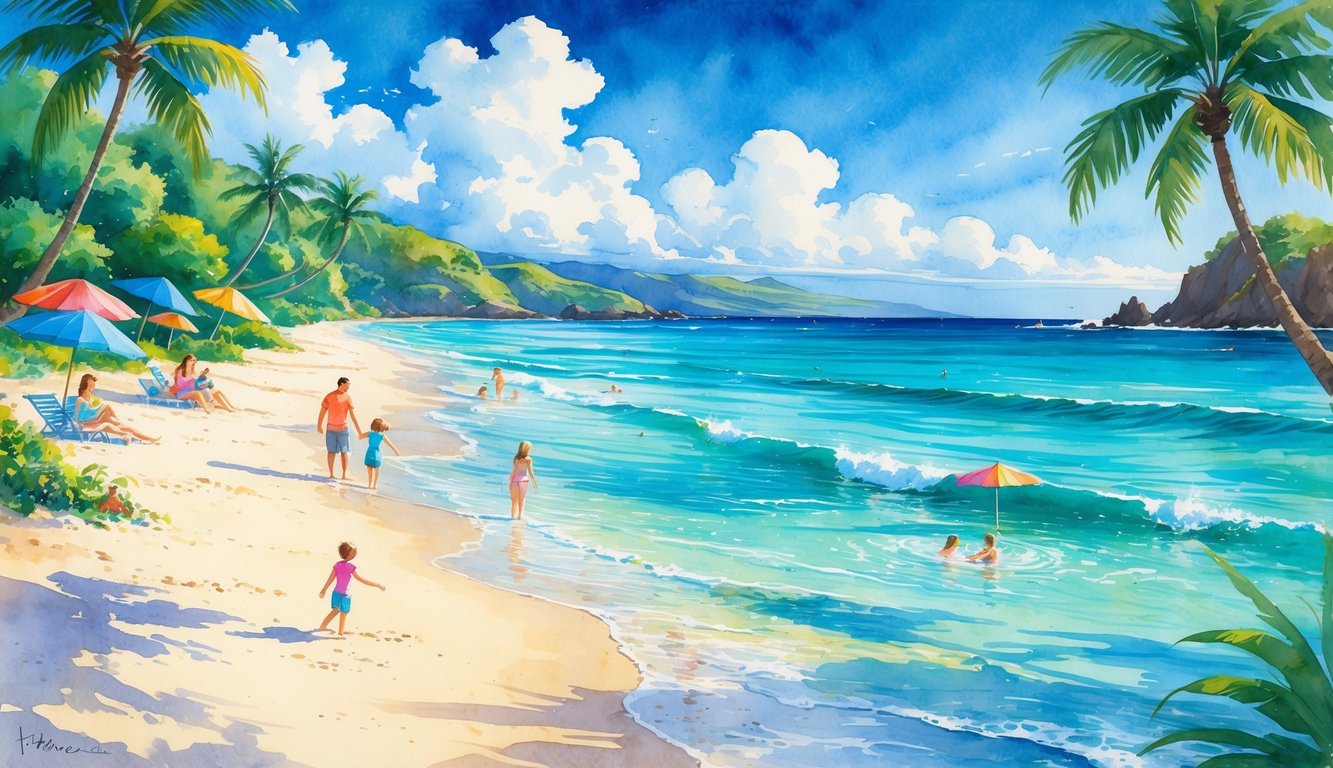 A clean Hawaiian beach with white sand, clear blue water, palm trees, and families enjoying the shore and ocean.