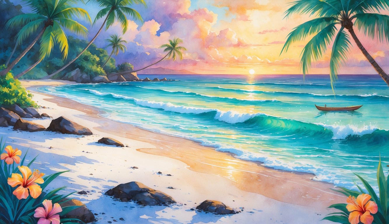 A peaceful Hawaiian beach with clear turquoise water, white sand, palm trees, and a colorful sunset sky.