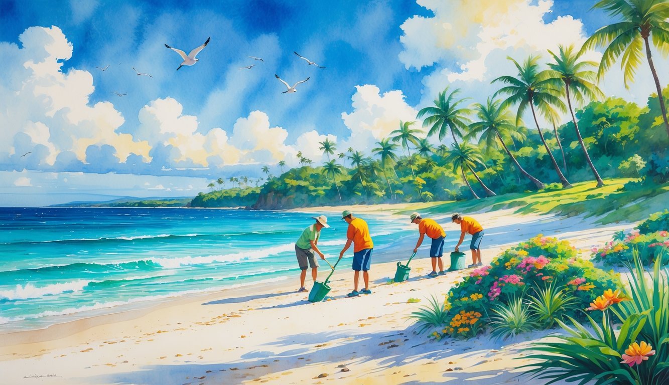 A clean Hawaiian beach with clear water, white sand, palm trees, and people planting trees and picking up litter.
