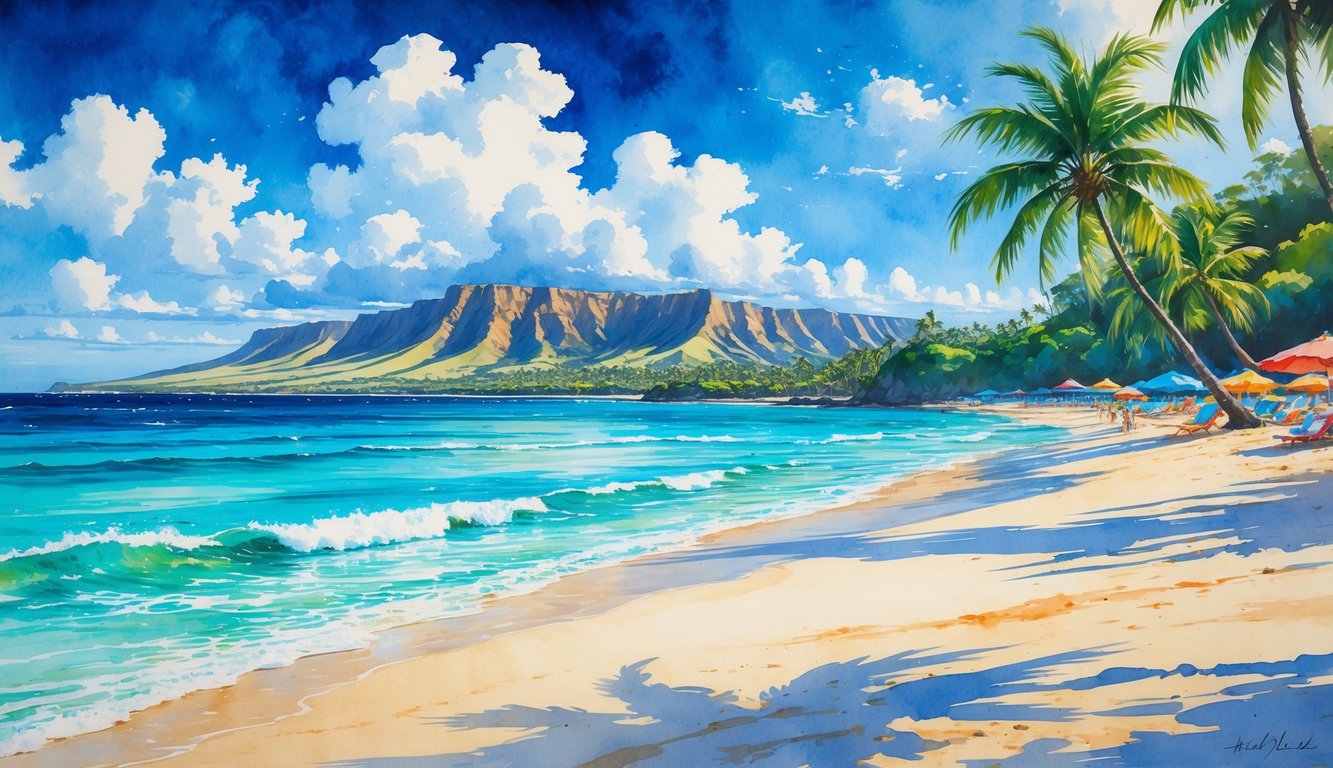 A tropical beach with turquoise waves, sandy shore, palm trees, and distant mountains under a blue sky.